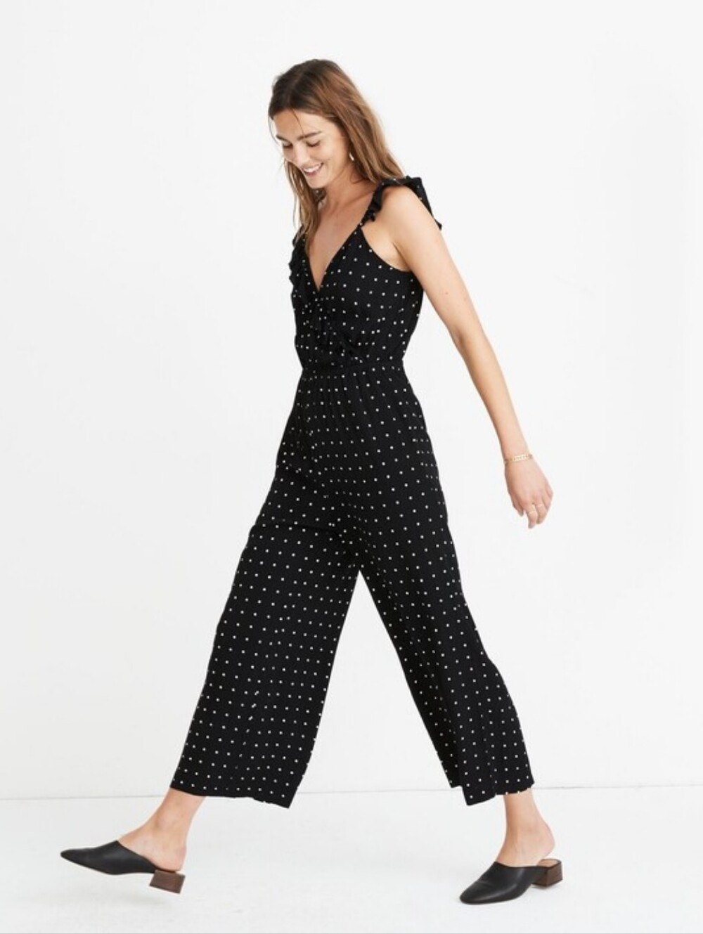 Madewell Tall Ruffle-Front Wrap Jumpsuit in Grid Dot, Size 4